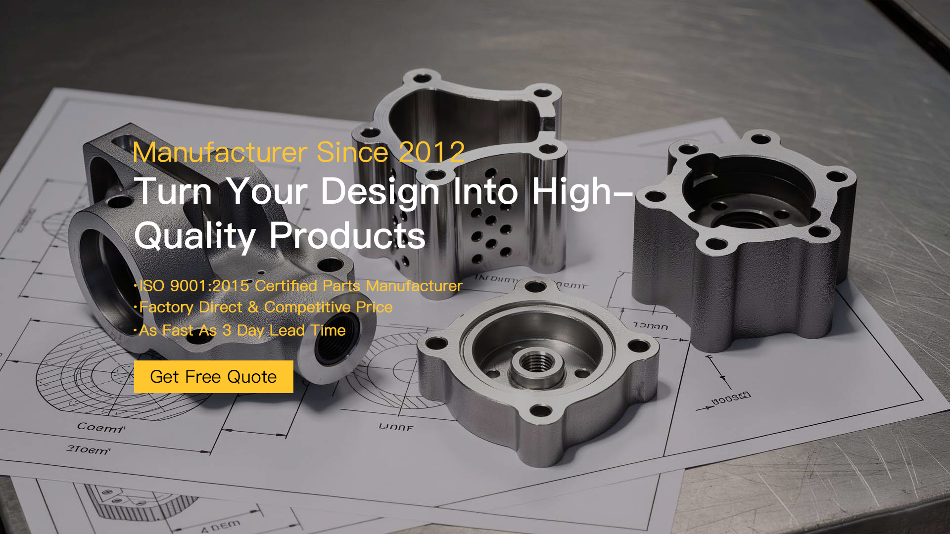Manufactured metal parts on technical drawings